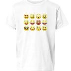 Baddie Bee Clothing white cotton t-shirt with a graphic print of 12 different emoji faces.