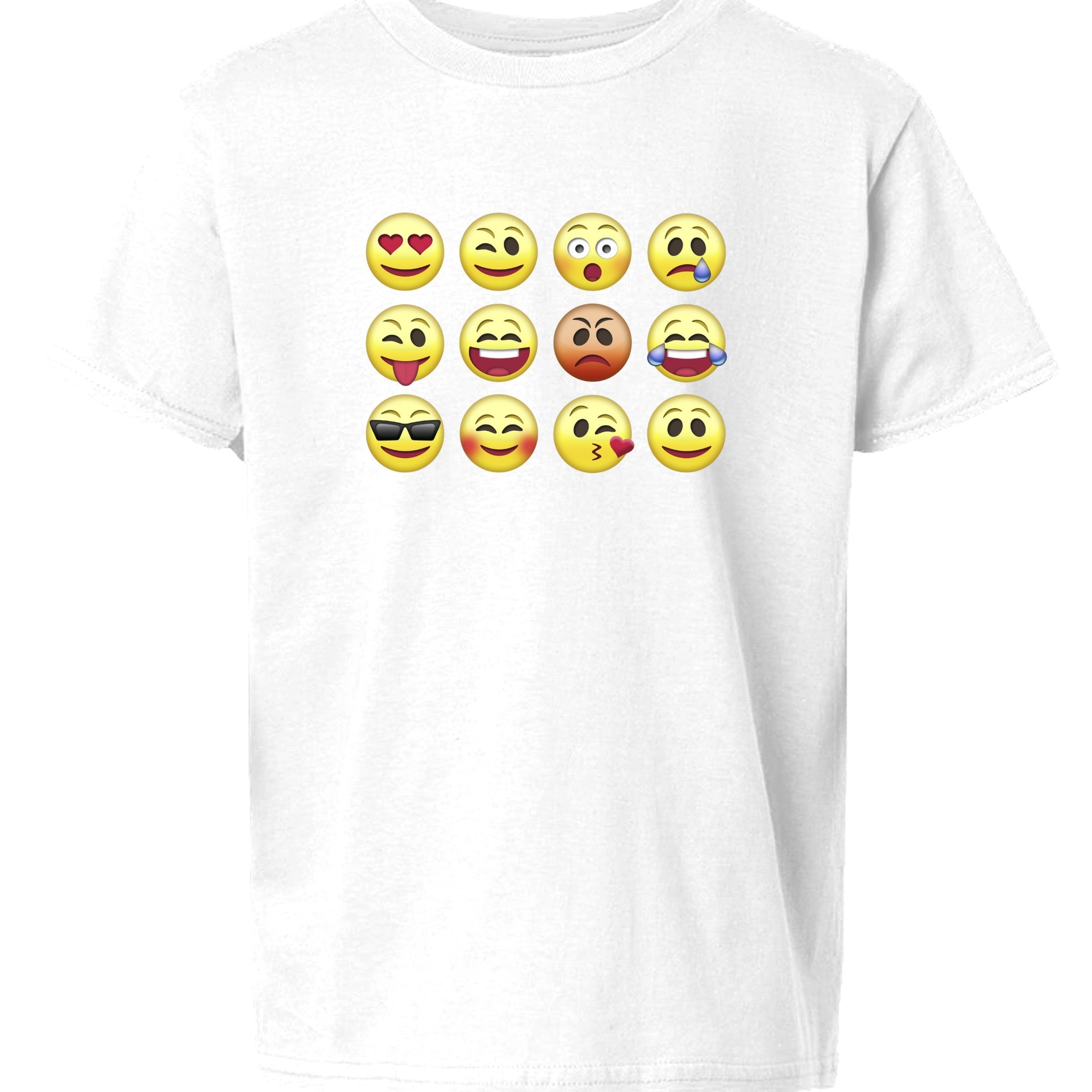 Baddie Bee Clothing white cotton t-shirt with a graphic print of 12 different emoji faces.