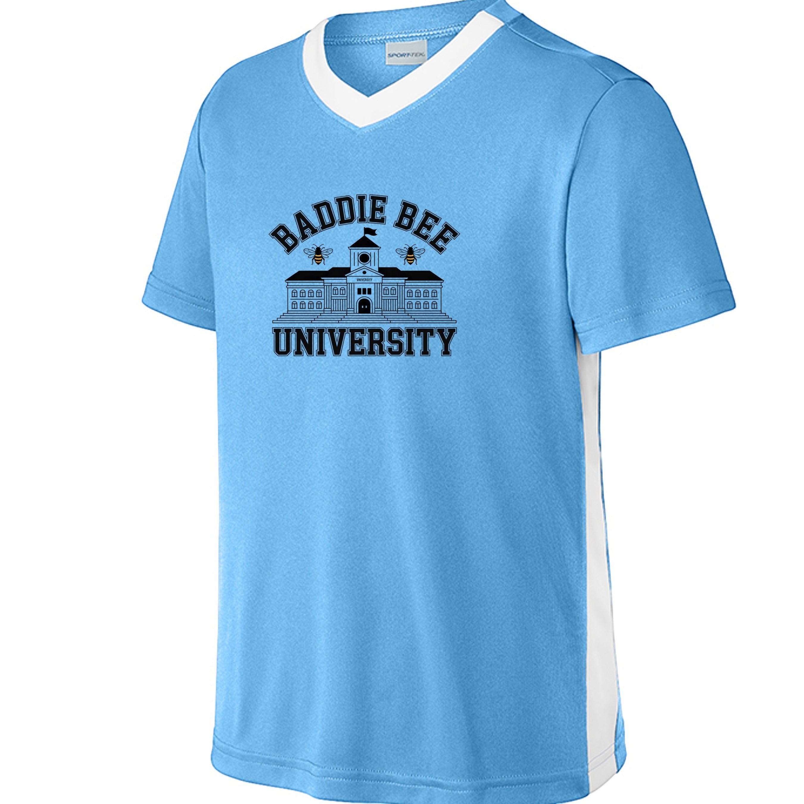 Baddie Bee Clothing light blue polyester youth v-neck t-shirt with white side panels and