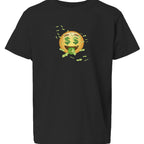 Baddie Bee Clothing black youth t-shirt with a money emoji graphic featuring dollar signs for eyes and money raining down.