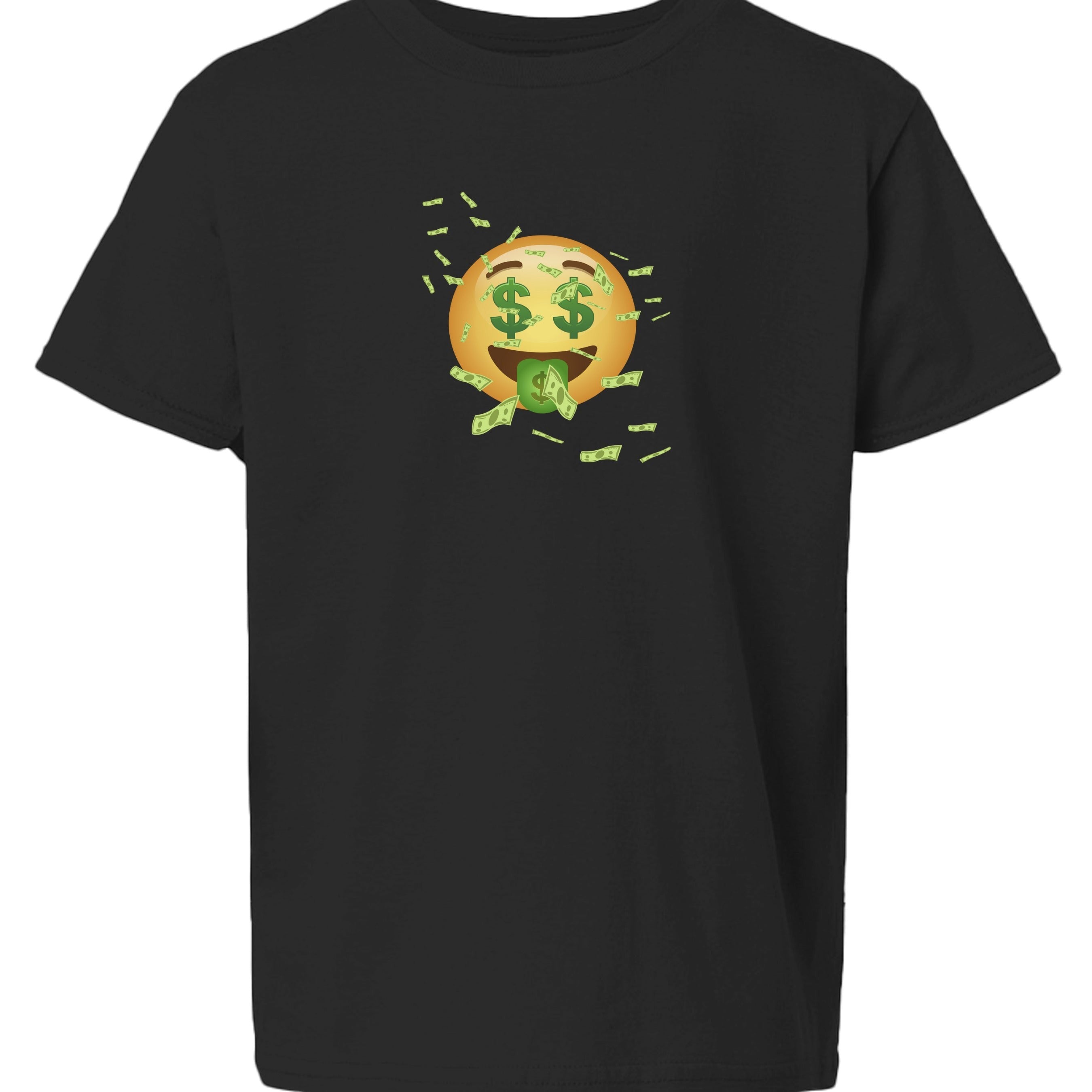 Baddie Bee Clothing black youth t-shirt with a money emoji graphic featuring dollar signs for eyes and money raining down.