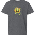 Baddie Bee Clothing youth t-shirt in dark grey heather cotton, featuring a money face emoji with dollar signs for eyes and money raining down.