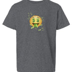 Baddie Bee Clothing youth t-shirt in dark grey heather cotton, featuring a money face emoji with dollar signs for eyes and money raining down.