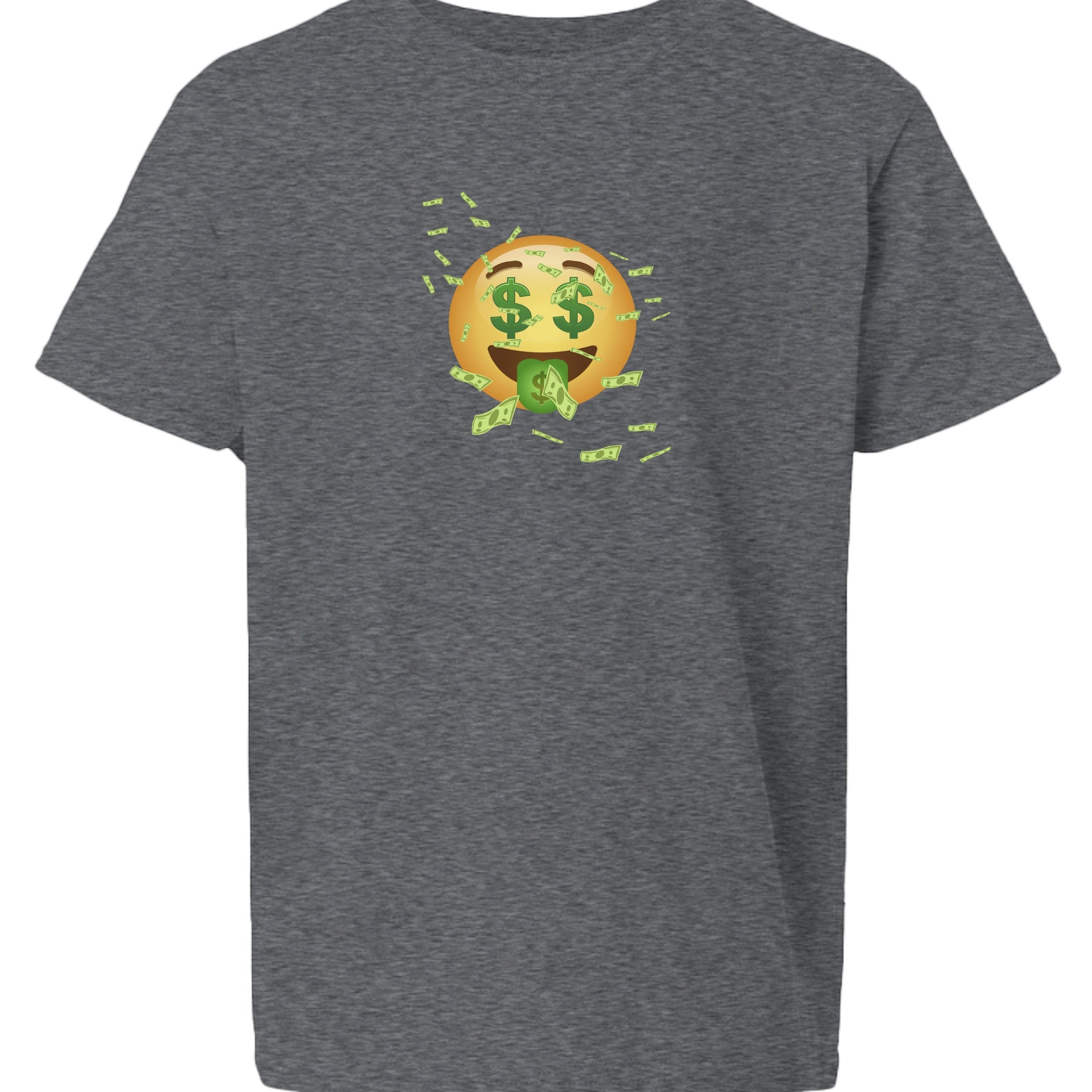 Baddie Bee Clothing youth t-shirt in dark grey heather cotton, featuring a money face emoji with dollar signs for eyes and money raining down.