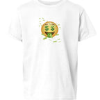 Baddie Bee Clothing youth t-shirt with a money face emoji and falling dollar bills graphic. White cotton.