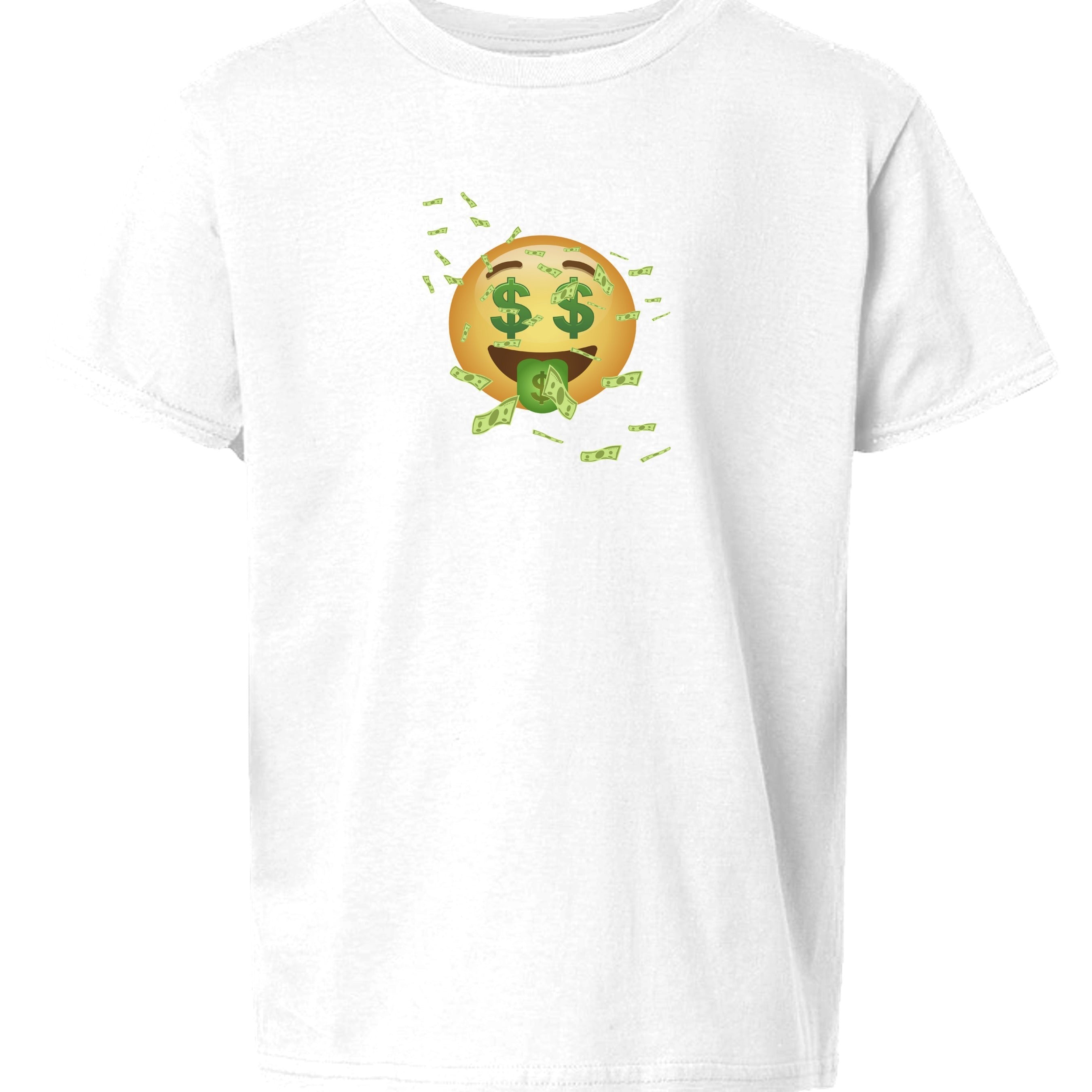 Baddie Bee Clothing youth t-shirt with a money face emoji and falling dollar bills graphic. White cotton.