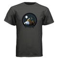 Baddie Bee Clothing dark grey crew neck t-shirt with a circular graphic of a mountain landscape at night with a moon and a bird in flight.