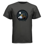 Baddie Bee Clothing dark grey crew neck t-shirt with a circular graphic of a mountain landscape at night with a moon and a bird in flight.