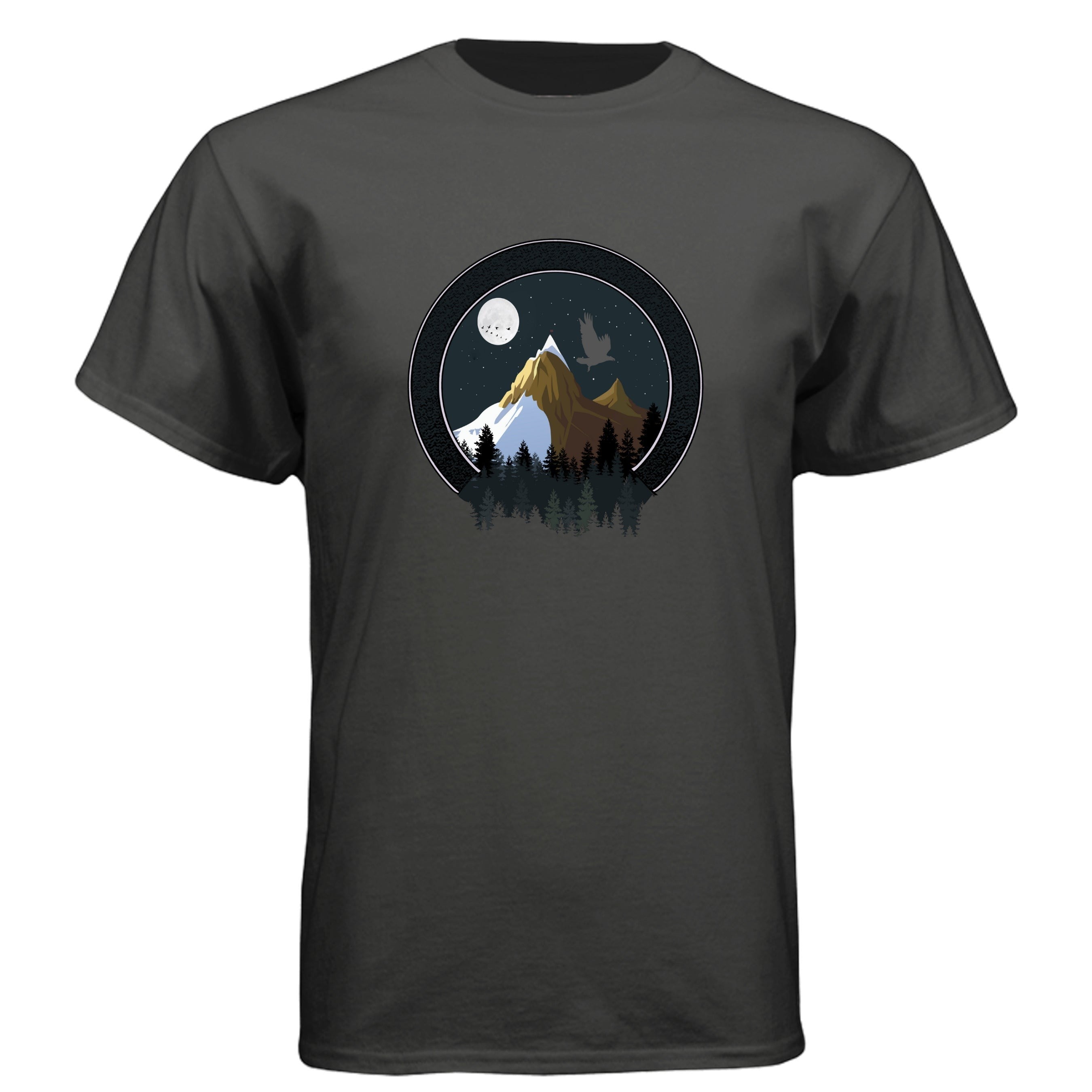 Baddie Bee Clothing dark grey crew neck t-shirt with a circular graphic of a mountain landscape at night with a moon and a bird in flight.