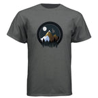 Baddie Bee Clothing men's dark grey crew neck t-shirt with a circular graphic of a mountain landscape at night with a moon and a bird.
