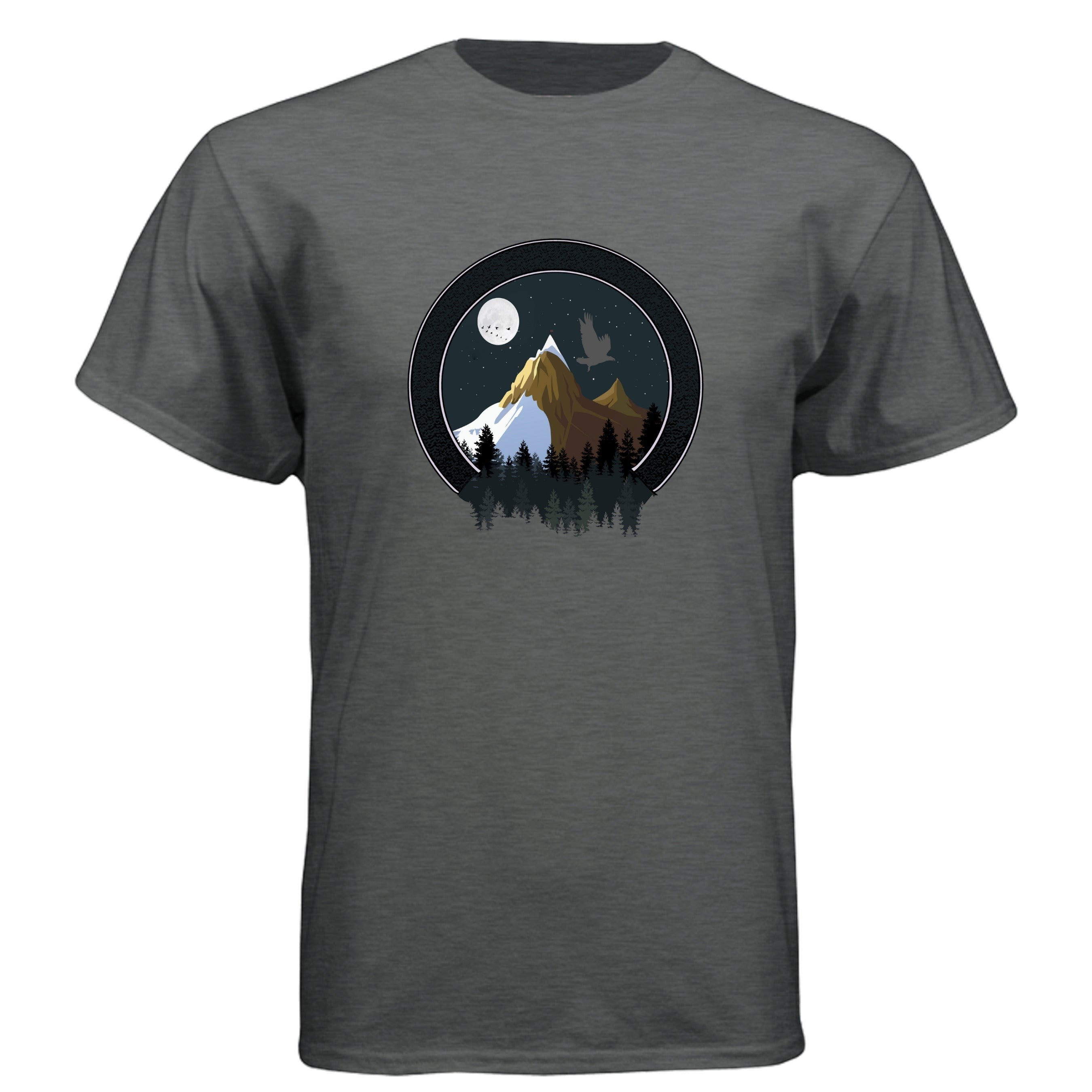 Baddie Bee Clothing men's dark grey crew neck t-shirt with a circular graphic of a mountain landscape at night with a moon and a bird.