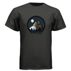 Baddie Bee Clothing men's dark grey crew neck t-shirt with a circular graphic of a mountain range at night with a moon and a bird.