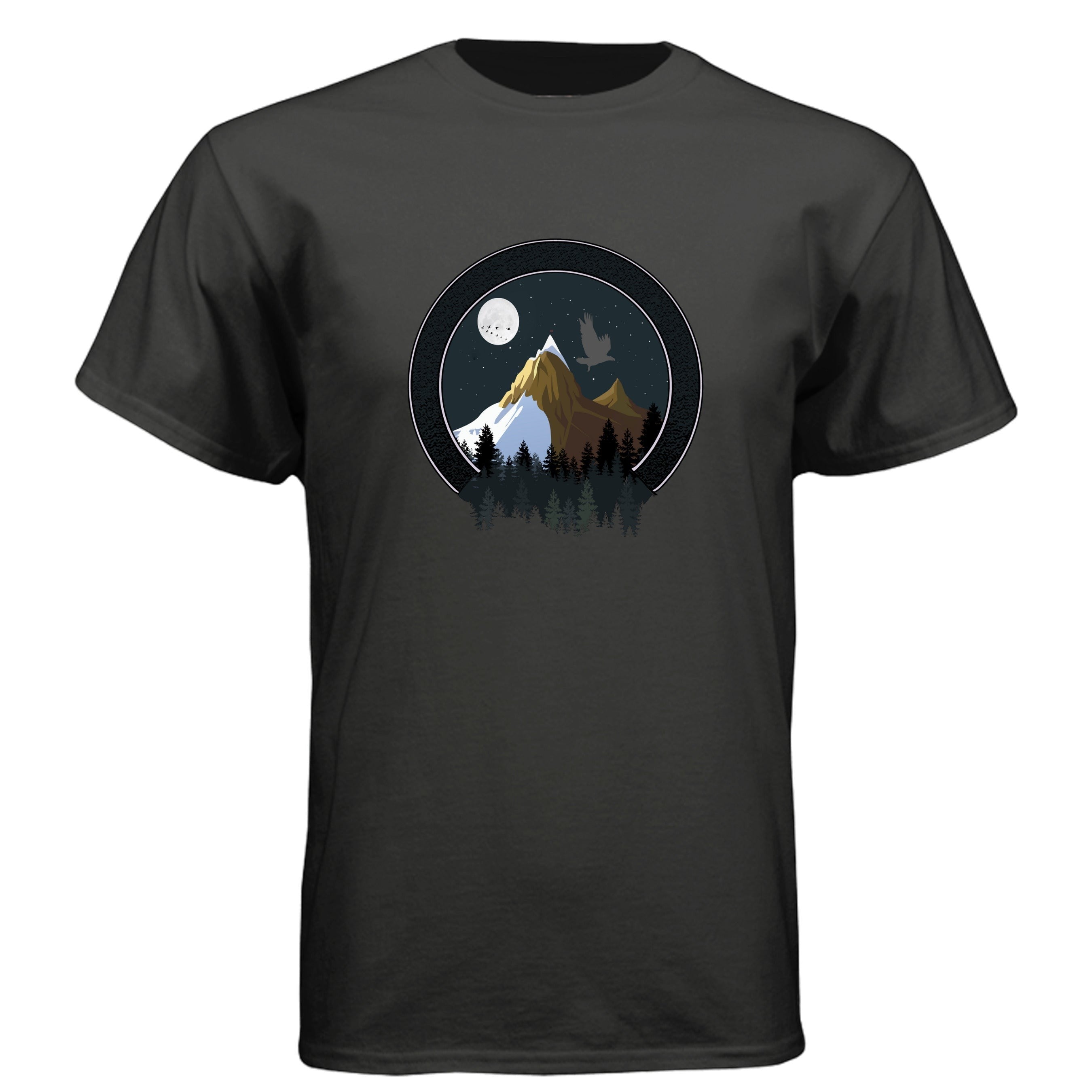 Baddie Bee Clothing men's dark grey crew neck t-shirt with a circular graphic of a mountain range at night with a moon and a bird.