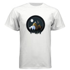 Baddie Bee Clothing white CVC blend crew neck t-shirt with a circular graphic of a mountain range, pine trees, moon, and a bird in flight.