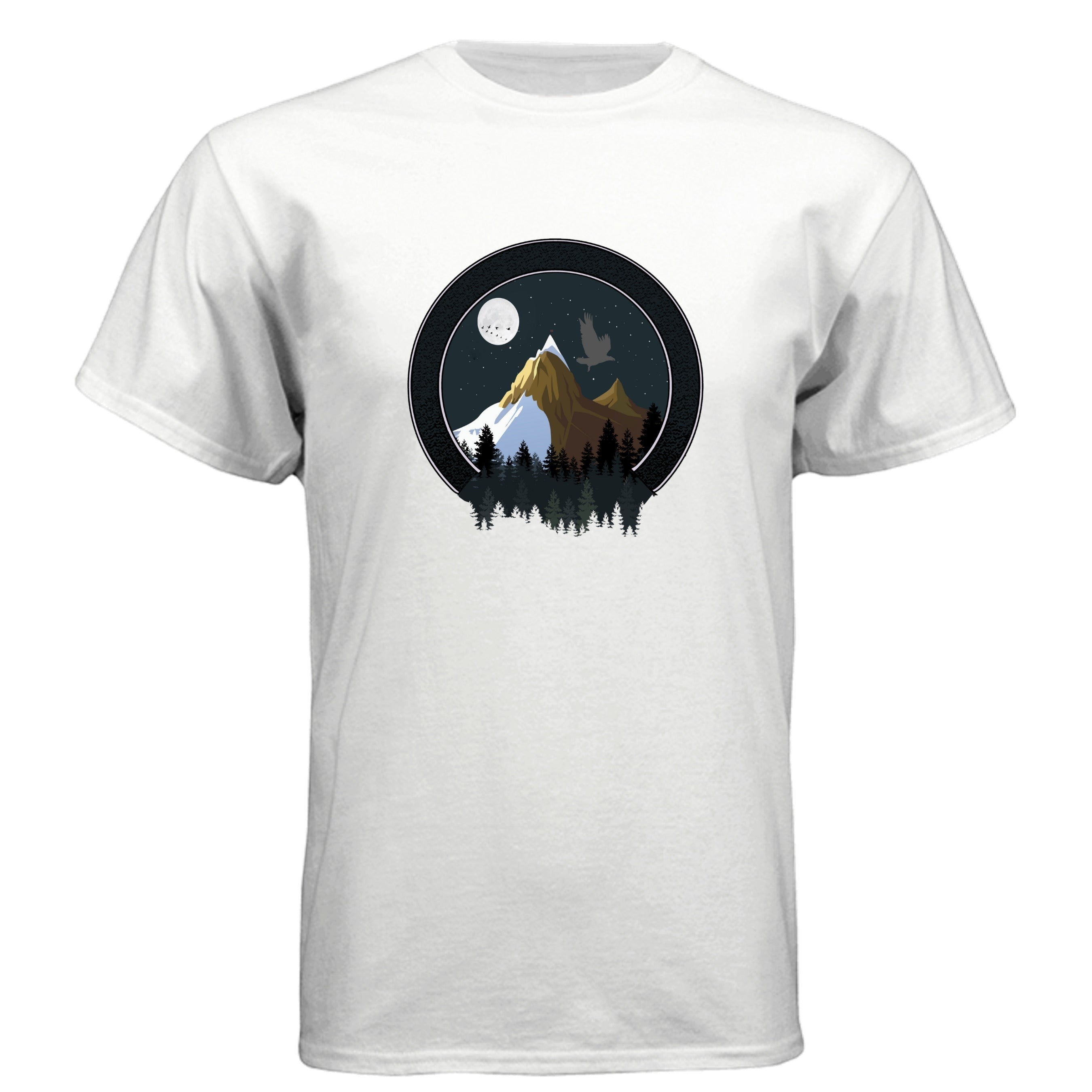 Baddie Bee Clothing white CVC blend crew neck t-shirt with a circular graphic of a mountain range, pine trees, moon, and a bird in flight.