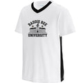 Baddie Bee Clothing white polyester youth v-neck t-shirt with black contrast side panels and university graphic.