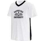Baddie Bee Clothing white polyester youth v-neck t-shirt with black contrast side panels and university graphic.