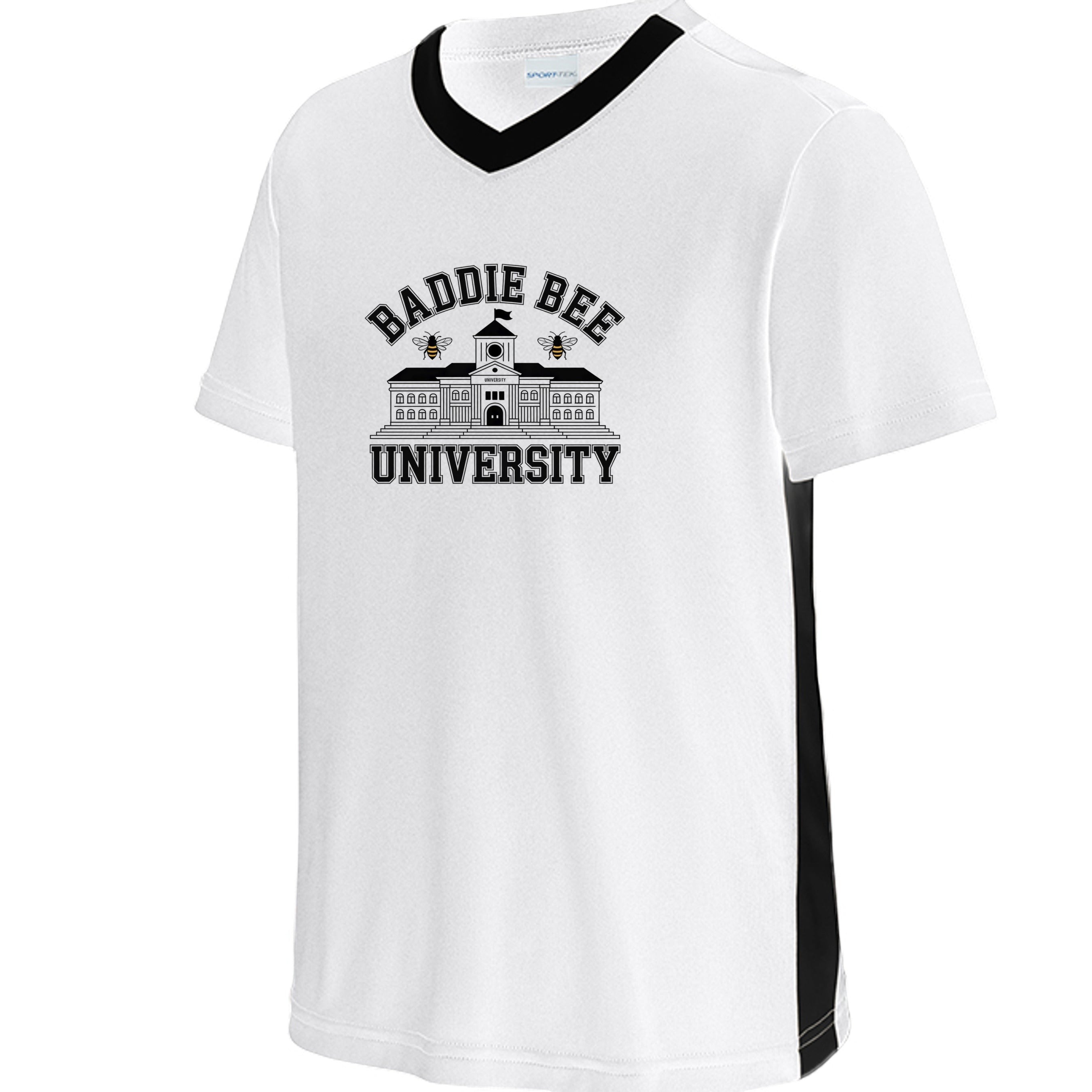 Baddie Bee Clothing white polyester youth v-neck t-shirt with black contrast side panels and university graphic.