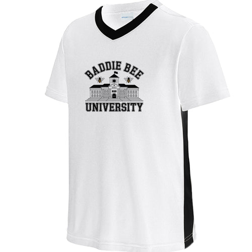 Baddie Bee Clothing white polyester youth v-neck t-shirt with black contrast side panels and university graphic.