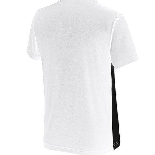 Baddie Bee Clothing white youth polyester t-shirt with black side panel and athletic V-neck. Moisture-wicking and UPF 30+.
