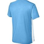 Baddie Bee Clothing youth athletic V-neck t-shirt in light blue with white side panels. Moisture-wicking polyester.