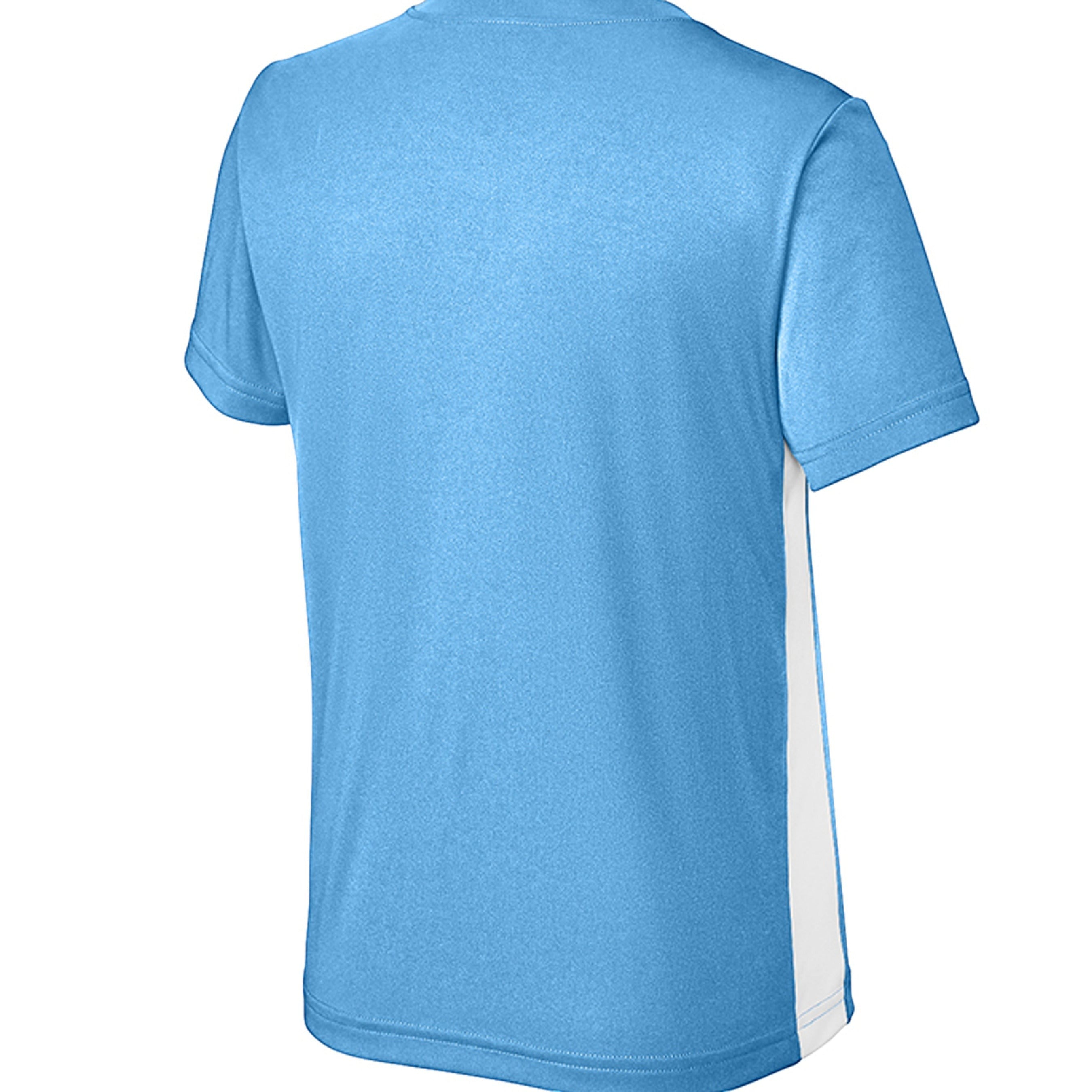 Baddie Bee Clothing youth athletic V-neck t-shirt in light blue with white side panels. Moisture-wicking polyester.