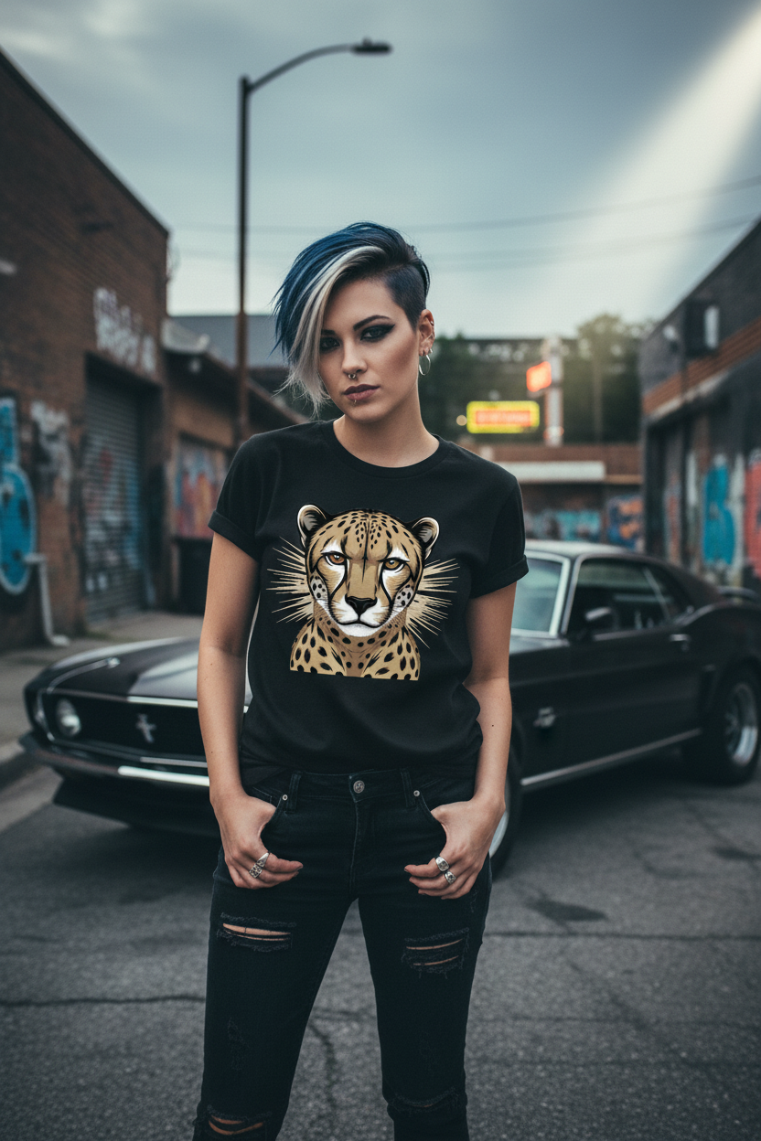 Edgy model with short hair in black Cheetah shirt and muscle car