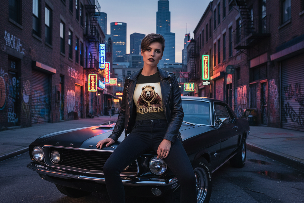 Model with leather jacket on muscle car