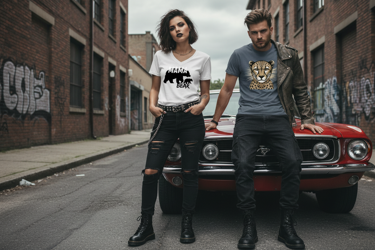 Models with muscle car in urban setting