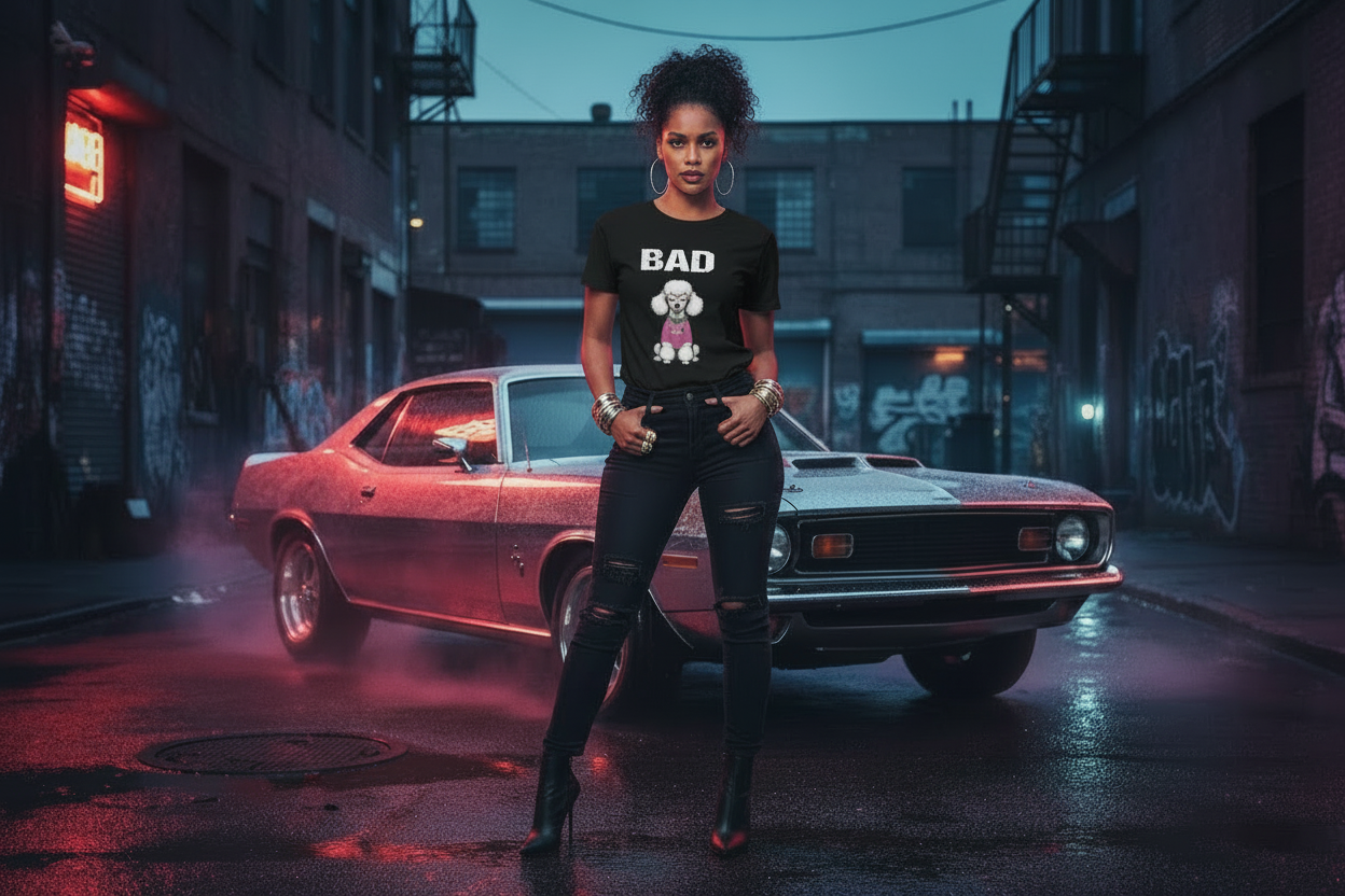 Woman in Bad B tee with high heels, bracelets and rings, chrome muscle car, urban setting